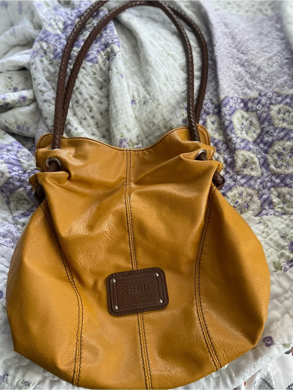Relic Mustard Tan Pebbled Leather Shoulder Bag with Braided Handles